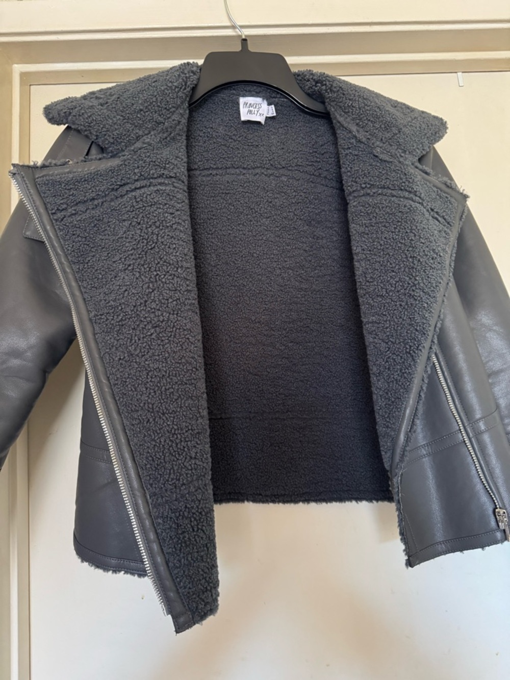 Princess Polly Charcoal Faux-Shearling Moto Jacket